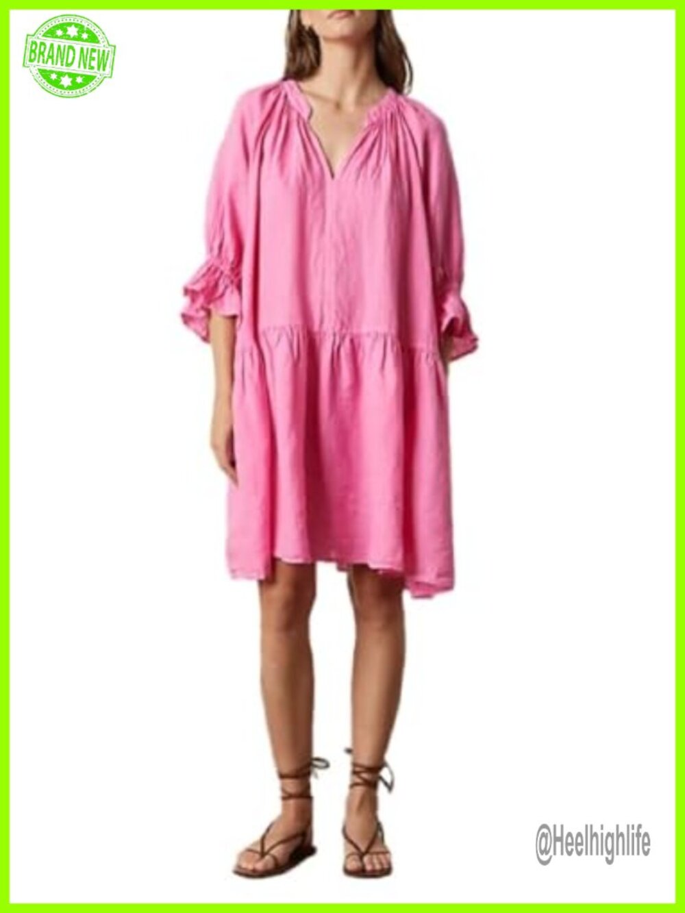 Woven Linen A-Line Dress Floral Ruffle V-Neck Backless Resort Casual